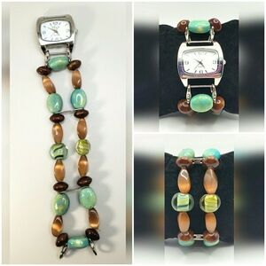 Watch Band Bracelet Silver Metal Green Iridescent Brown Glass Ceramic Beads MBr5